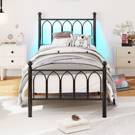 Lit enfant 90x200, cadre métal robuste lit combine enfant, led multicolore, ports usb, rangement intégré (1/5)