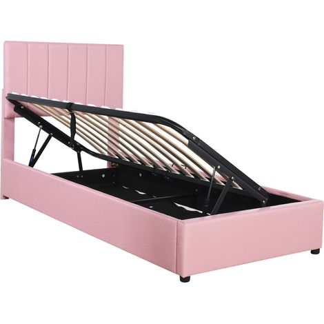 Lit avec rangement 90x200 cm en lin rose, sommier à lattes inclus, tête de lit réglable (1/5)
