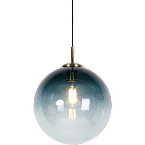 Art Deco Pendant Light Brass with Ocean Blue Glass 33 cm - Pallon
