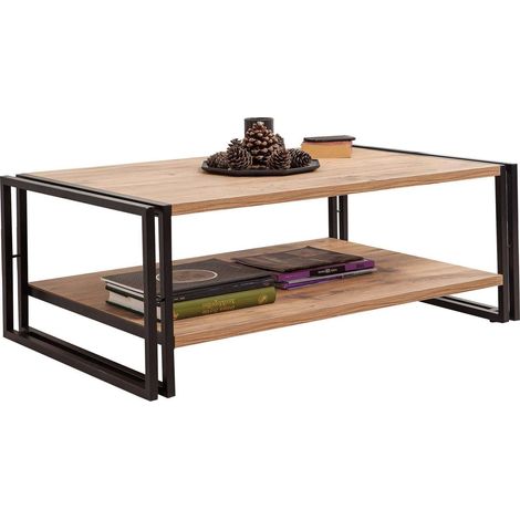Vente-Unique – Table basse fixe 110cm x 70cm x 40cm – 100% mélaminé pin atlantique et noir – Étagère de rangement 25cm – Concept industriel (1/5)