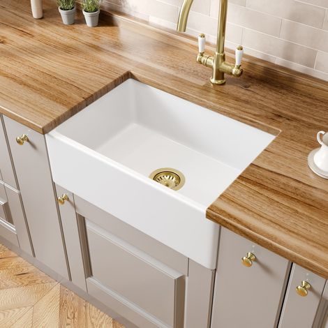 605 x 405mm Ceramic Belfast Kitchen Sink Single Bowl 1.0 & Brushed Brass Waste (1/5)