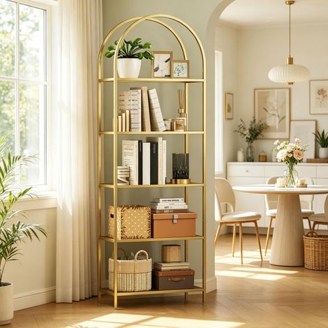 Étagère vitrée moderne à 5 niveaux courbes, bibliothèque vitrine d’exposition pour présenter décor, livres et objets dans salon et bureau (1/5)