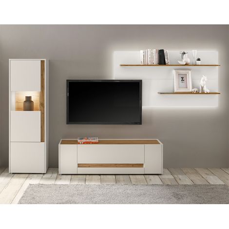Moderne TV Wand inkl. LED-Beleuchtung CRISP-61 in weiß mit Absetzungen in Wotan Eiche Nb., B/H/T: ca. 270/170/45 cm (1/5)