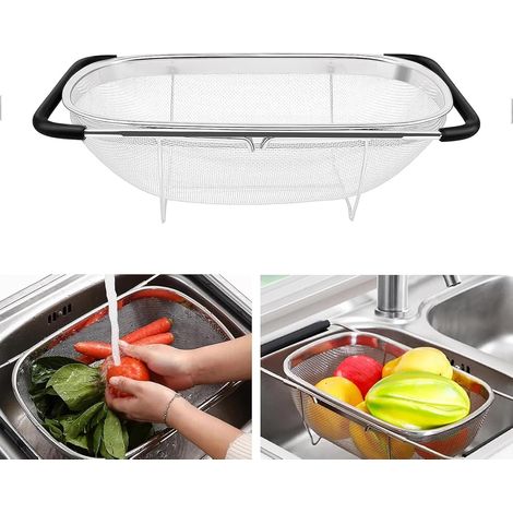 (27x18cm)Passoire Evier Cuisine Inox avec Panier à Mailles Fines et Poignées Extensibles en Caoutchouc Retractable Passoire D'évier pour égoutter Lave