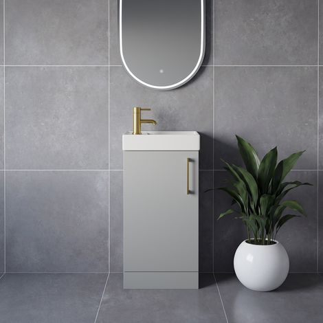Napoli Cube Gloss Grey Pearl 400mm Single Door Vanity Unit with Align Basin - 400mm - Brushed Brass 160mm Handle