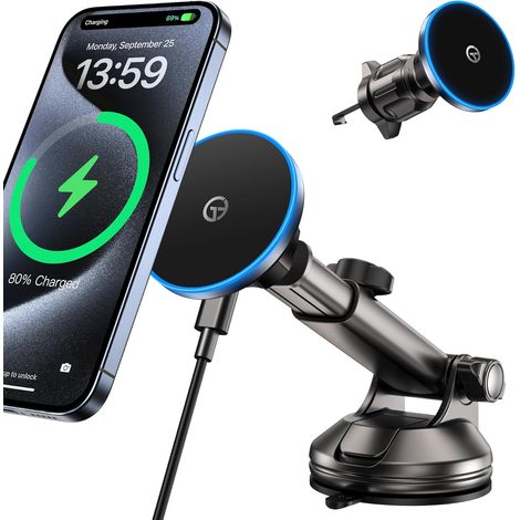 Porte Telephone Voiture avec 【LED Light】 Support Telephone Voiture Magnetique Chargeur Induction Voiture pour Tableau de Bord et Pare-Brise Sortie d'air pour i-Phone 17 16 15 14 13 12 Series (1/5)