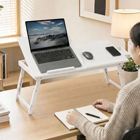 Table de lit pliable et réglable, plateau de lit pour ordinateur portable en bambou plateau inclinable 83,5x33x34cm blanc (1/5)