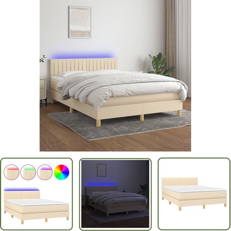 The Living Store Sommier à lattes de lit avec matelas LED Crème 140x200 cm Tissu - Sommier Tapissier - Lit Plateforme - Lit Avec Rangement - Lit Design - Lit Créme (1/5)