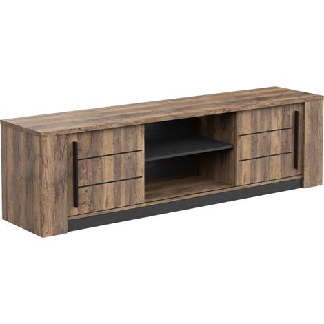 Meuble TV de salon Monaco avec portes coulissantes, chêne Saloon et noir structuré, 185 cm (1/5)