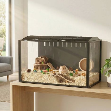 Gabbia gigante per criceti, habitat per roditori in acciaio e acrilico trasparente con vista panoramica, 105 x 51 x 53 cm, nera. (1/5)