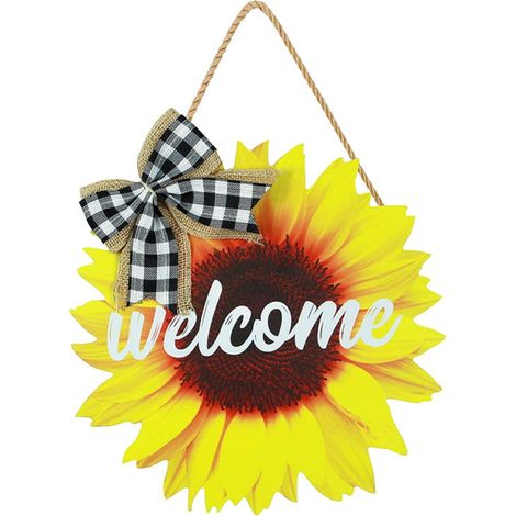 Panneau de bienvenue tournesol de 30 cm pour la décoration de porte d'entrée, couronne en bois de bienvenue tournesol printanier, décoration murale de porche de style ferme, intérieur et extérieur