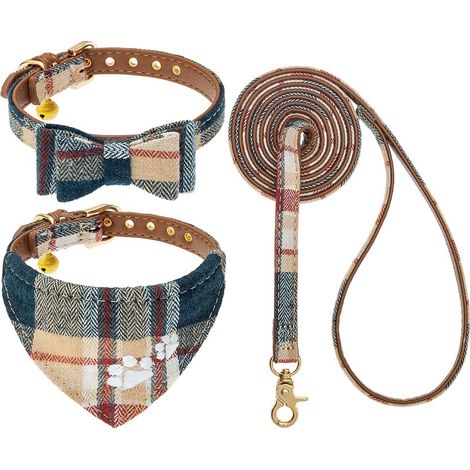Ensemble Collier et Laisse pour Chien – Collier Bandana Classique à Carreaux avec nœud Papillon et Empreinte de Patte pour Chien avec Clochette, Laisse sans nœuds, Colliers réglables (1/5)