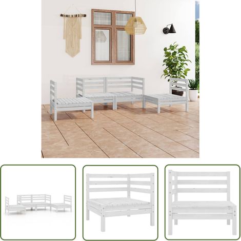 The Living Store Salon de jardin 4 pcs Blanc Bois de pin massif - Salon De Jardin - Mobilier De Jardin - Set De Salon De Jardin - Meubles En Bois - Chaise Longue (1/5)
