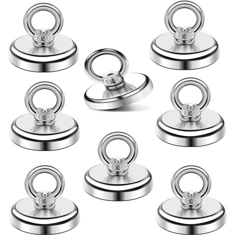 Gros Aimant Puissant 45KG, 8 Pièces Aimants Neodyme Super Puissants 32mm, Peche à l'Aimant avec Anneaux Facile à Démonter