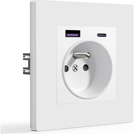 Prise USB C Murale,Prise Electrique Encastrable avec 20W Recharge Rapide USB A et 1 Type C,1 Gang,Norme Française Prises 16A 250V avec Panneau en Plastique,86 86mm Blanc (1/5)