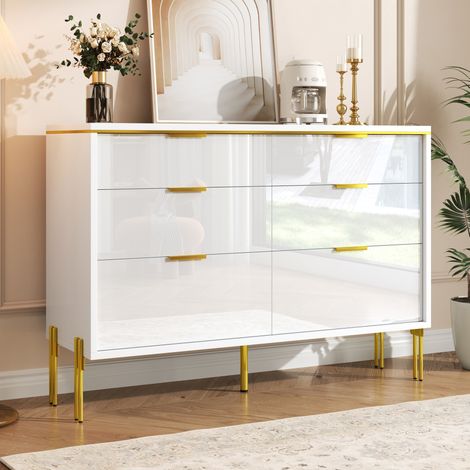 Buffet en panneaux de particules blanc avec 6 tiroirs brillants et détails dorés, 120 x 40 x 85,5 cm (1/5)
