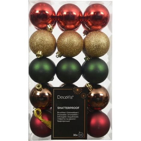Weihnachtskugel-Set, 30 Stück, 6 cm, grün, rot, gold, bruchsicher (1/2)