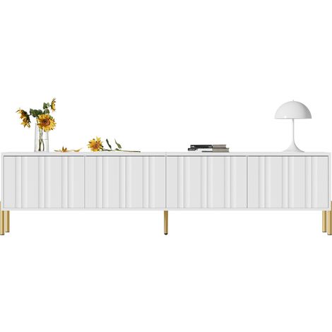 Meuble TV blanc, 190 cm de long x 38 cm de large x 48 cm de haut, pieds de table dorés, porte rainurée
