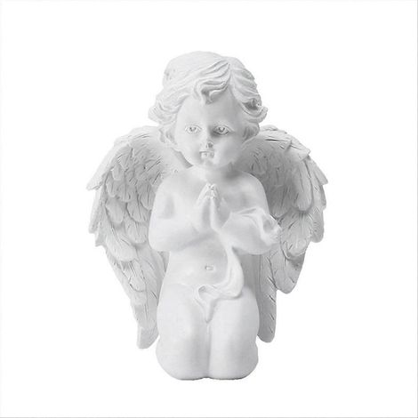 Ange blanc pur agenouillé en prière avec ailes, statue de jardin en résine (1/5)