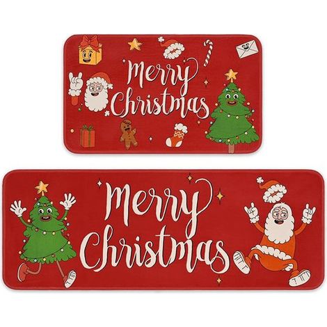 Lot de 2 tapis de Noël 50 x 160 cm et 50 x 80 cm, tapis de couloir et de cuisine lavables, doux et antidérapants, décoration festive de Noël (1/5)