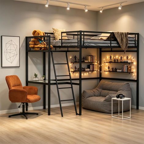 Meuble Cosy Lit Mezzanine 2 Places avec Fauteuil Réglable et Bureau en Verre Trempé, Gain de Place pour Chambre Étudiant Adolescent Adulte, Cadre Métallique, Noir + Rouge (1/5)