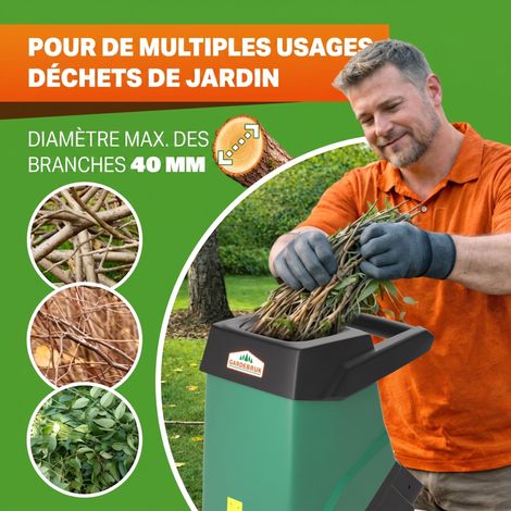 Broyeur de branches vegetaux jardin électrique 3100 W 50 L déchiqueteur jardin branches arbustes 40 mm