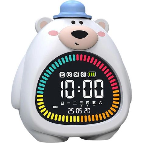 Réveil ours de dessin animé avec lumière d'ambiance et fonction minuterie personnalisable, en PVC silicone, parfait comme veilleuse décorative pour les chambres d'enfants, blanc. (1/5)