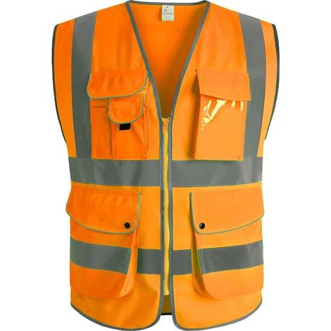9 poches de classe 2"gilet de sécurité haute visibilité devant avec des bandes réfléchissantes, (orange-L) (1/3)