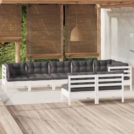 Salon de jardin 8 pcs Ensemble Table et Chaise de Jardin - avec coussins Blanc Bois de pin massif BV615514 - BonneVie (1/5)