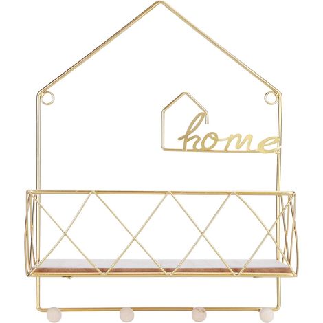 Étagère De Rangement À Suspendre, Étagère Murale en Fer Forgé Géométrique avec Crochet en Bois, Présentoir De Rangement pour Cuisine, Salon, Salle De Bains (1/5)