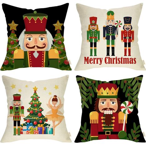 Housse De Coussin De Noël - Soldat En Bois Et Arbre De Noël - 20 x 20 Cm - Pour Intérieur Et Extérieur - Lot De 4 (1/5)
