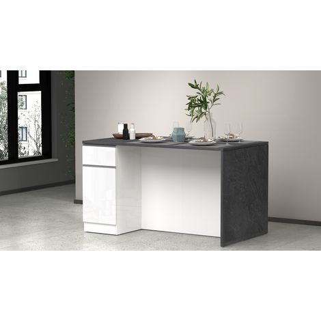 Îlot de cuisine 2 portes 160 cm blanc brillant/béton Solena (1/5)
