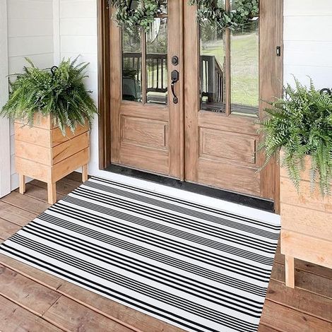 Tapis de Noël extérieur - Coton tissé lavable - Pour porche, camping, ferme - Motif rayé