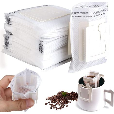 Lot de 100 Filtres à Café Jetables avec Oreilles Suspendues, Sacs Filtrants à Café avec Oreille Suspendue, Filtre Café Thé Portable, Sac Filtrant à Café en Tissu Non Tissé pour Suspendre pour Café Thé (1/5)
