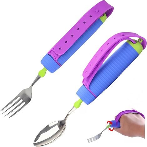 Set di posate per anziani - Forchetta e cucchiaio antiscivolo, adatti a chi soffre di tremori alle mani - Design regolabile, adatto a chi soffre di artrite e morbo di Parkinson - Ideale per viaggi e u (1/4)