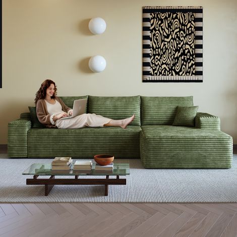 Canapé Convertible 3 places en velours côtelé vert, Canapé d'Angle Moderne ouverture express avec module modulaire en L, chaiselongue, assise profonde, montage non requis, sans armature (1/5)