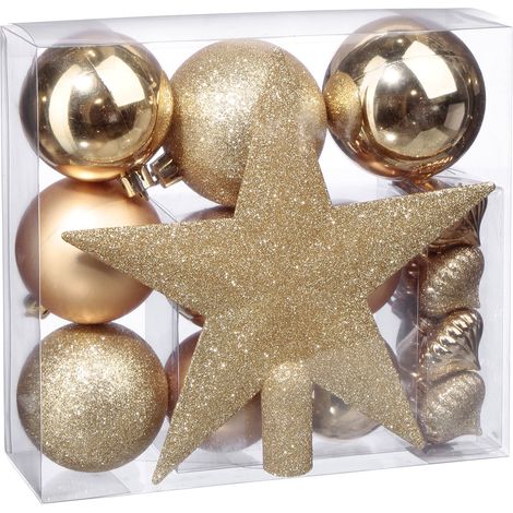 Ac-Deco – Kit de déco de sapin de Noël 18 pièces – Boules dorées et cimier étoile pailleté – Longueur 19cm, largeur 2.3cm – Résistant aux chutes (1/5)