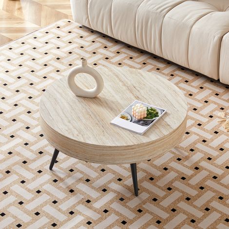 Mesa de centro redonda de 70 cm en MDF efecto travertino madera clara, patas de metal negras DESVIAE (1/5)