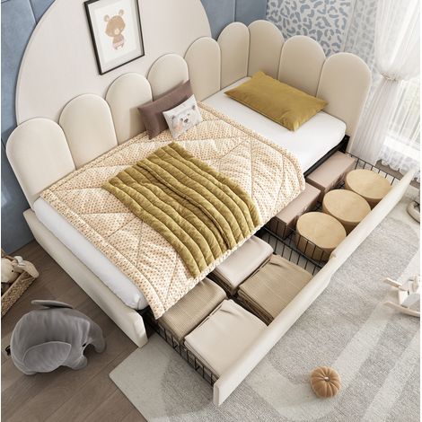 lit coffre 90x190 avec 2 tiroirs en velours beige HAVRYA (1/5)
