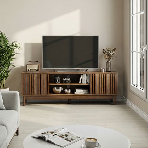 Meuble TV Vintage 140x39x48 cm, 2 Portes à Lamelles, Passe-Câbles, Pieds en Bois Massif et Patins Réglables, pour TV jusqu’à 65 Pouces - Noyer (1/5)