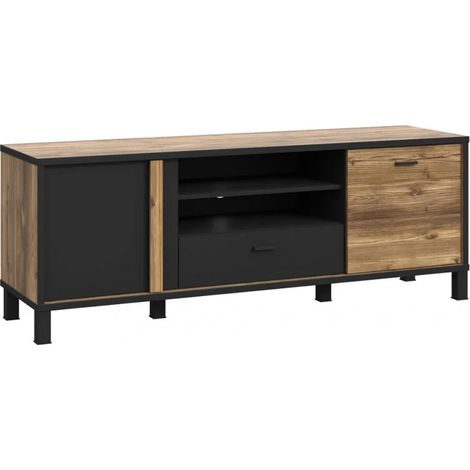 Meuble TV 155 cm 2 portes décor bois et noir pieds noir - CELIA (1/5)