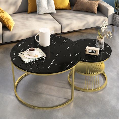 Juego de mesa de centro de 2 piezas, mesa de centro redonda, mesa auxiliar para sala de estar, marco de metal, escritorio negro, marco dorado (1/5)