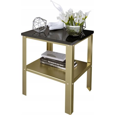 Mesita de noche atornillada con estante, ideal para dormitorio tipo loft, 40x40x45 cm, color dorado con tapa de miniperla. (1/4)