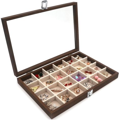 Boite A Bijoux - Boite De Rangement Pour Bijoux - Vitrine En Mdf Avec Dessus En Verre Transparent - 34,8 X 23,9 X 5,1 Cm - 24 Compartiments