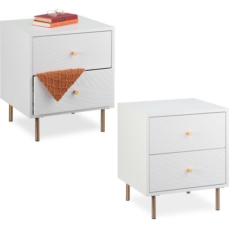 Relaxdays Comodini con Cassetti per Camera da Letto, Set 2 Tavolini Laterali Divano Salotto, HLP 52x45x40 cm, Bianco Oro
