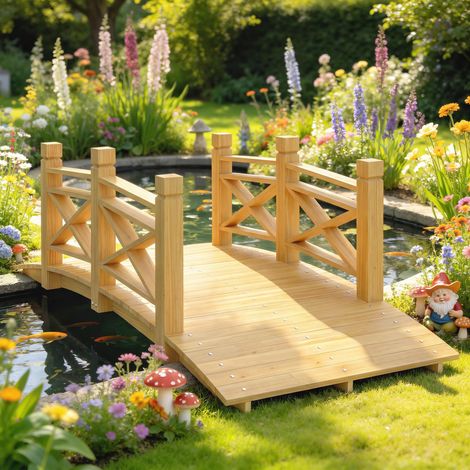 Puente de jardín arqueado de madera carbonizada con barandilla de seguridad y capacidad de carga de 200 kg, 174 x 78 x 57,5 cm, acabado natural.