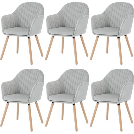 Woltu – Lot de 6 chaises de salle à manger en velours – Dossier ergonomique – Structure en bois massif – Patins antidérapants – Gris clair