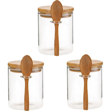 3er-Set Vorratsdosen mit Deckel und Bambuslöffel, Zggzerg, 450 ml, Glasbehälter, platzsparend und leicht zu reinigen, rund, transparent (1/5)