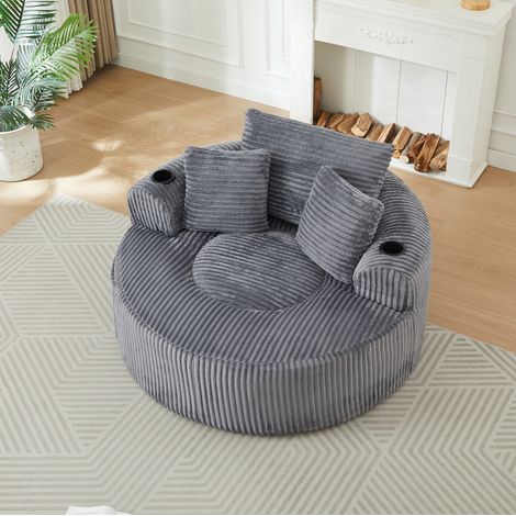 Poltrona lounge rotonda 1 posto in velluto a coste grigio con 2 portabicchieri – MEUBLIV (1/5)