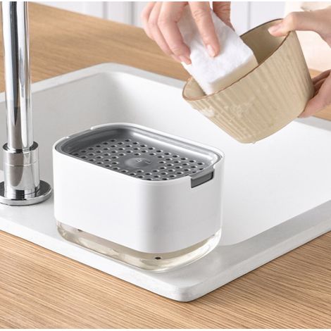 Dispensador de jabón de cocina, dispensador de jabón premium 2 en 1 con soporte para esponja, dispensador de jabón lavavajillas para encimera, blanco (1/5)